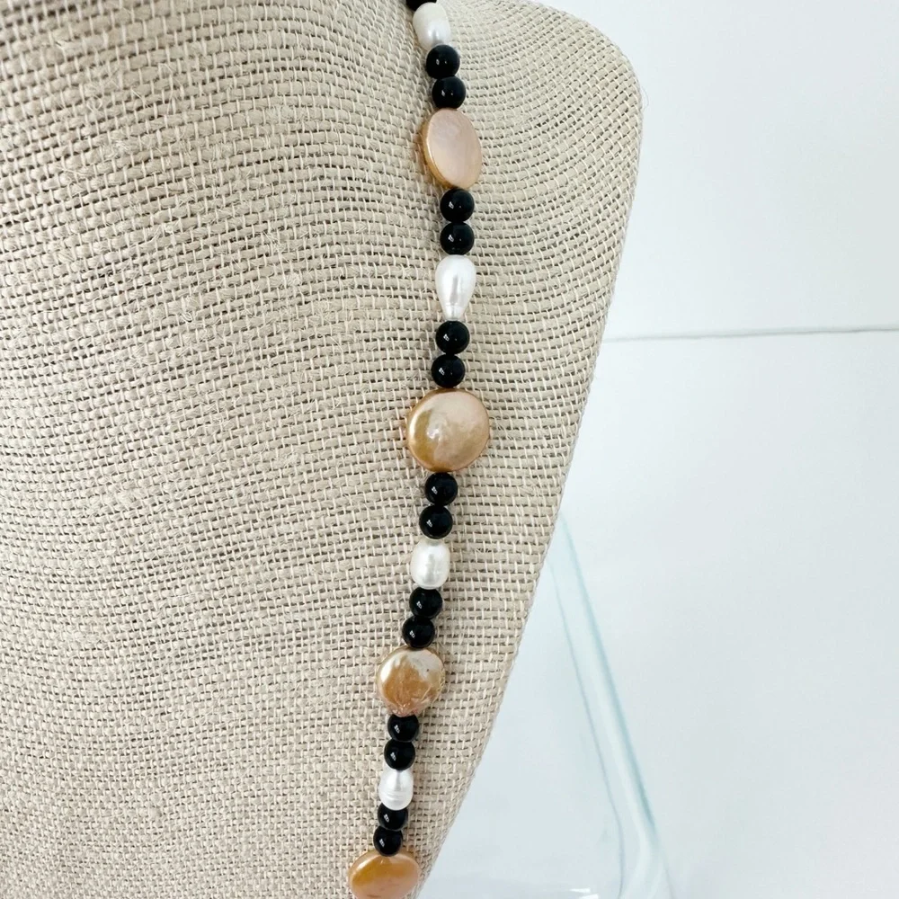 NWT Genuine Black Onyx & Pearls Necklace Black Bronze White